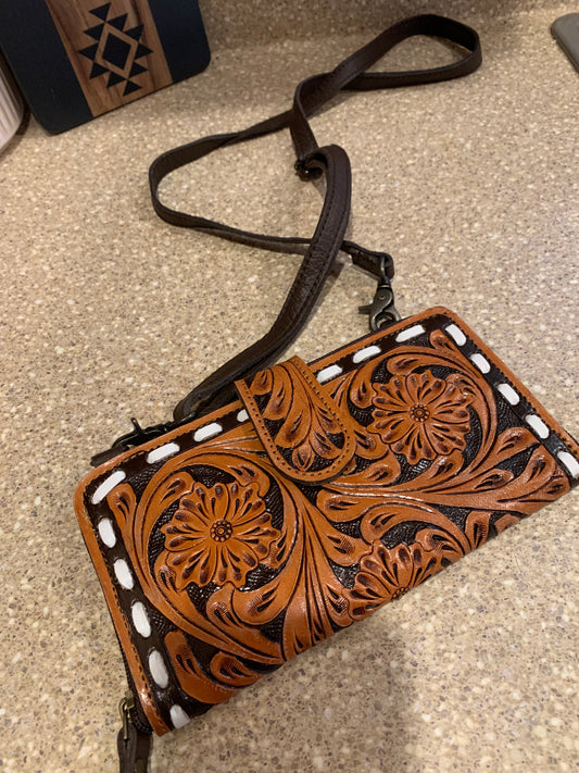 Tooled leather wallet crossbody